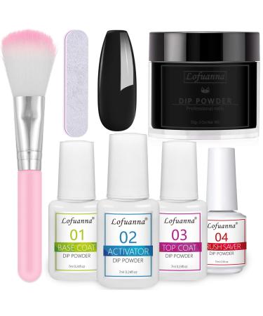 LOFUANNA DIP powder nail starter kit black dipping powder with base/top coat/Activator/Brush Saver Dip Powder system no nail lamp required French dip powder for DIY dip manicure set 014