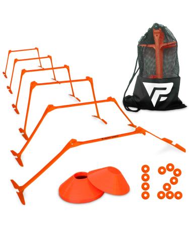 Pro Adjustable Hurdles and Cone Set  6 Agility Hurdles (6, 9 or 12 inch) with 12 Cones for Athletes, Soccer, Kids, Sports, Track and Field Speed Training Equipment  Includes Mesh Carry Bag 6 Adjustable Hurdles with 12 Speed Cones Bright Orange