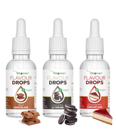Flavor drops 3x 50ml - Bundle Basic 15 - Flavdrops taste without calories - taste (MILK Chocolate + Cookies & Cream + Strawberry Cheesecake) Basic 15 50 ml (3 -pack)