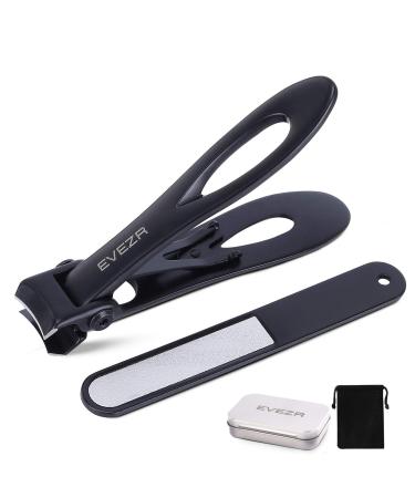 Evezr Heavy Duty 15mm Opening Wide Jaw Nail Clippers for Cutting Thick and Tough Toenails Or Fingernails  Stainless Steel Clipper and Nail File for Pedicure.  (Black)