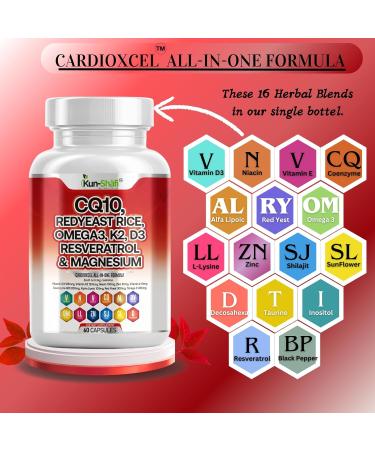 Kun Shafi COQ10 250mg Red Yeast Rice Omega-3 PQQ Nattokinase Resveratrol & More Heart & Cardiovascular Support Supplement for Women & Men with Vitamin D3 K2 E Zinc 60 Ct - Buy Online on GoSupps.com