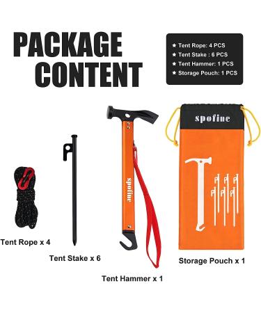 SPOFINE 6pcs Heavy Duty Tent Stakes with Hammer, Reflective Ropes, & Storage Bag - Camping Accessories Kit for Hiking, Backpacking - Orange+Black - Buy Online on GoSupps.com