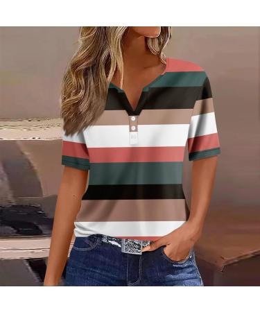 Women's Striped V-Neck Henley T-Shirt - Oversized Casual Blouse | Trendy Aesthetic Tunic in Light Pink - Buy Online on GoSupps.com