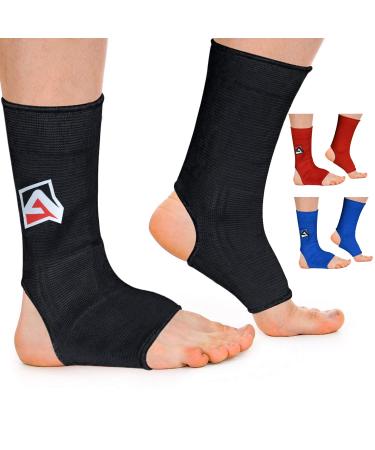 AQF MMA Ankle Support Muay Thai Foot Brace Guard Kick Boxing Sprains Achilles Tendon Pain Relief Protector Elasticated Breathable Compression Sleeve (Black S) Black S