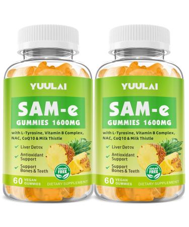 Pack of 2 SAM-e Gummies Sugar Free 1600mg SAM e Supplement with L-Tyrosine Vitamin B Complex & NAC CoQ10 Pineapple Flavor 120 Count 120 Count (Pack of 1)