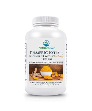 Nature's Lab Turmeric Extract with Curcumin C3 & BioPerine 1000mg - Promotes Cardiovascular Digestion and Immune Health - 60 Capsules (30 Day Supply)