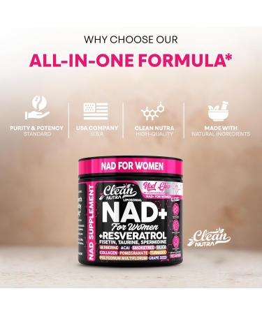 NAD+ Resveratrol Supplement for Women NAD Turmeric Vitamin C Acai Pomegranate Collagen Peptides Nicotinamide Riboside Fisetin Vitamin E Polygonum Multiflorum Berberine 90 Capsules by Clean Nutra - Buy Online on GoSupps.com