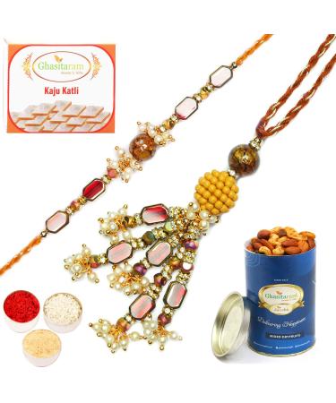 Ghasitaram Gifts Rakhis Online - Rakhi for Brother- RM-179 Bhaiya Bhabhi Rakhi with 100 GMS of Dryfruits Mix Can 200 GMS of Kaju katli Rakhi Set & 100g Dryfruits Mix Can 200g Kaju katli