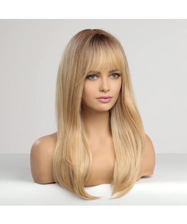 HAIRCUBE Long Blonde Straight Wigs for Women with Fringe and Dark Roots - Synthetic Layered Hair Wig - Buy Online on GoSupps.com