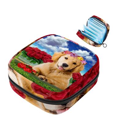 Labrador dog with wreath that puts the grass women's binding-storage bag menstrual pad pocket portable menstrual cup bag with zipper for teenagers girls women women