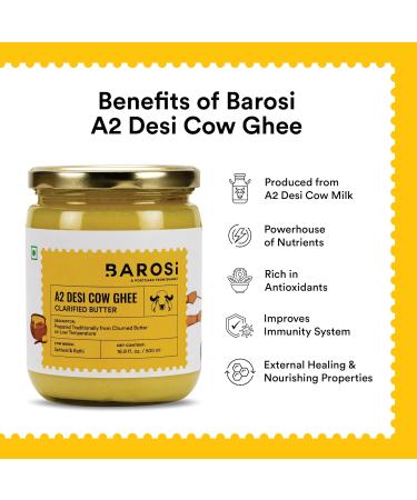Barosi A2 Cow Ghee 17oz - Grass Fed Clarified Butter - Handcrafted & Pure - Sustainable Glass Packaging - Buy Online on GoSupps.com