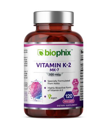 biophix Vitamin K2 MK-7 - 300 mcg 120 Vcaps - High-Potency Supports Strong Bones Immune Health and D-3