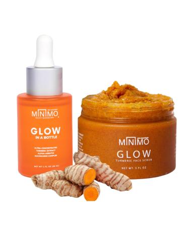 Minimo Skin Essentials Glow on Glow Combo Pack: Glow Turmeric Face Scrub (5 oz) + Glow in a Bottle Ultra-Concentrated Turmeric Serum (1 oz)