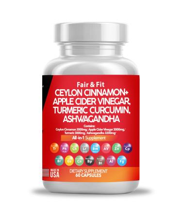 Ceylon Cinnamon 3000mg Turmeric Curcumin 3000mg Apple Cider Vinegar 3000mg Ashwagandha 3200mg Best Supplement for Digestion Gluco Health Immune System *USA Made & Tested* (60 Count (Pack of 1))