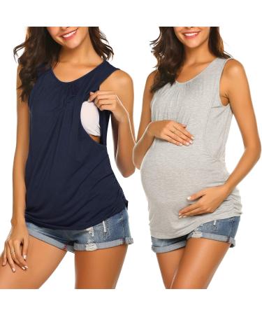 UNibelle Women's Maternity Nursing Top Breastfeeding Tank Top Tee Shirt Double Layer Sleeveless Pregnancy Shirt S-XXL S 2pcs_ocean Blue+gray