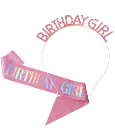 Birthday Crowns Pink Girl Sash & Tiara Set Princess Rhinestone Headband Sash Gifts Sweet Happy Birthday Accessories Glitter Tiara for Girl Women Decorations Wedding Party Favors