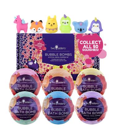 Mystical Animal Squishy Bubble Bath Bombs for Kids with Surprise Squishy Toys Inside by Two Sisters. 6 Large 99% Natural Fizzies in Gift Box. Moisturizes Dry Skin. Releases Color, Scent, Bubbles 6-Pack Mystical