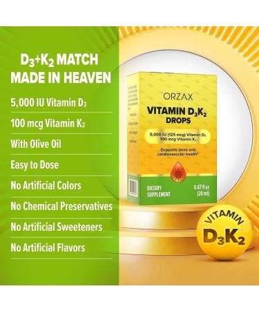 ORZAX Vitamin D3 K2 Drops 5000 IU MK-7 - 60 Days Supply - Bone, Muscle, Heart Health - Immune System Boost - Gluten-Free - 0.67 fl Oz - Buy Online on GoSupps.com