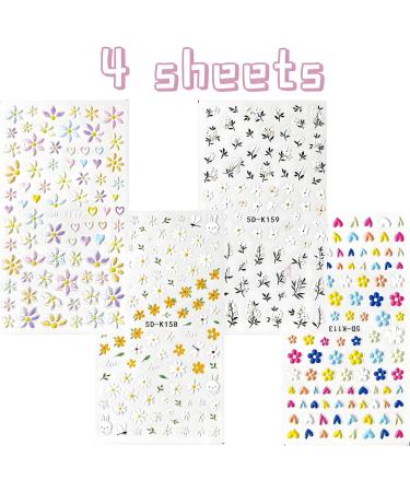 4 Sheets Flower Nail Art Stickers Spring Daisy Nail Decals 5D Embossed Nail Art Design Self Adhesive Nail Supplies Colorful Flower Nail Stickers for DIY Women Nail Decoration - Buy Online on GoSupps.com