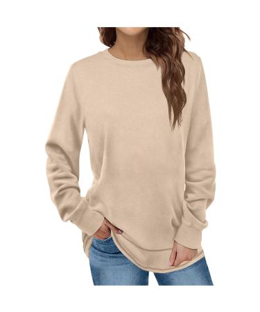 MRGIINRI Womens 2023 Shirts Dressy Casual Long Sleeve Crewneck Sweatshirt Basic Solid Loose Fit Pullover Tops G02_beige Large