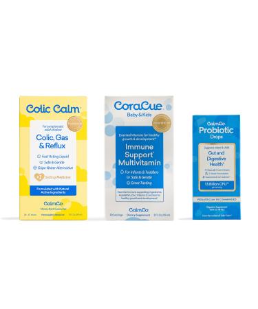 Colic Calm Homeopathic Gripe Water (2oz) CoraCue Immune Support Liquid Multivitamin (2oz) & CalmCo Infant & Child Probiotic Drops (0.54oz) Combo Pack