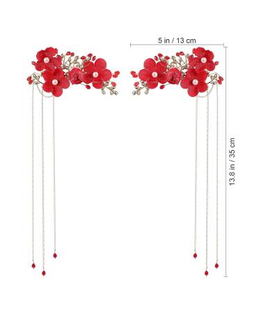 Beaupretty Bridal Tassel Hairpins | Flower Pearl Rhinestone Chinese Style Hair Clip | Wedding Hair Accessories - Red - Buy Online on GoSupps.com