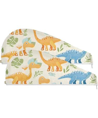 Blue Yellow Dinosaur Hair Towel 2 Pack - Super Absorbent Quick Drying Hair Turbans for Women & Girls - Buy Online on GoSupps.com