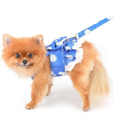 PAIDEFUL Dog Dress Harness and Leash Set Apparel Floral Bow Kitten Sundress fit Small Breed Dogs Cats Girls Soft Puppy Clothes Dark blue XS XS:Chest: 32cm/12.5" Back:20cm/8.0" blue with white flowers - Buy Online on GoSupps.com