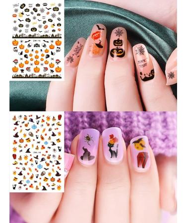 Kalolary Halloween Nail Art Stickers Decals 8 Sheets Self-Adhesive Nail Art Sticker Decals Pumpkin/Bat/Ghost/Witch/Skull Elements Nail Decorations for Halloween Party - Buy Online on GoSupps.com