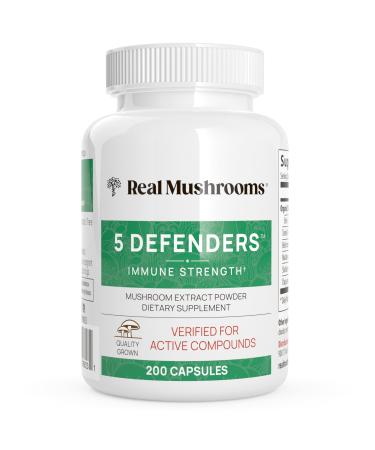 Real Mushrooms 5 Defenders Mushroom Complex Organic Adaptogenic Mushroom Blend with Chaga Reishi Turkey Tail Maitake & Shiitake for Wellness Support - Mushroom Beta Glucan Capsules - 200 Count