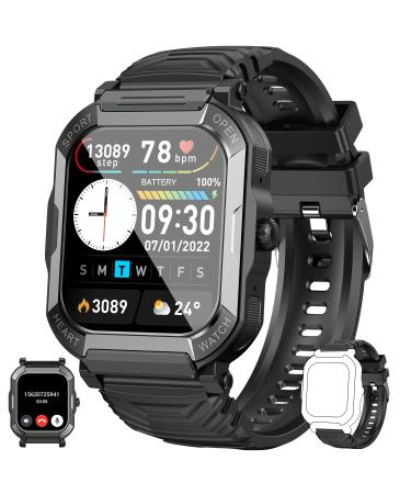 Smart Watch for Men Women Fitness Tracker:(Make/Answer Call)Bluetooth Military Smartwatch for Android iPhone Waterproof Outdoor Tactical Digital Sport Run Watches Blood Pressure Heart Rate Monitor Black