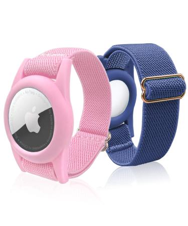AirTag Bracelet for Kids, AirTag Holder with Elastic Wristband, Anti-Lost Watch Band for Apple Air Tag, Adjustable Strap for Toddler 2 Pack PINK+NAVY