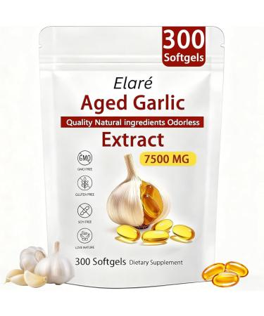ELARE Aged Garlic Extract - 7500mg Odorless Per Servings Potent Antioxidant Supplement Immune Support Vegetarian All-Natural Non-GMO 300 Softgels