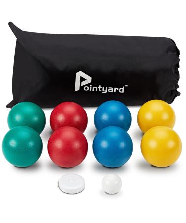 Pointyard Bocce Ball Set, Lighter 84mm Bocce Ball Set with 8 PE Bocce Balls | 1 Pallino | Carry Bag | Measuring Tape - Outdoor Family Games for Backyard/Lawn/Beach (Red,Blue,Green,Yellow)