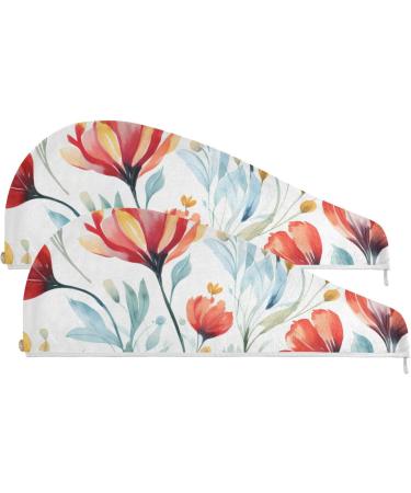 Red Flower Leaf Hair Towel 2 Pack - Super Absorbent Quick Dry Turbans for Women & Girls - Buy Online on GoSupps.com