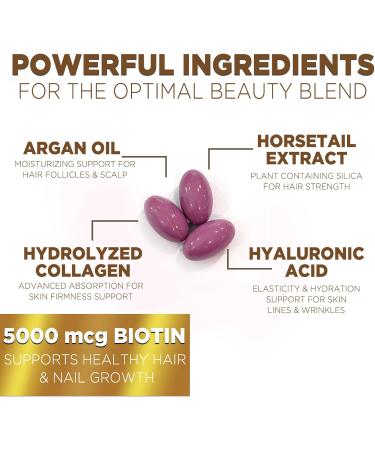 Hair Skin & Nails Vitamins for Women - Biotin 5000mcg to Support Hair Growth with Argan Oil Collagen & Hyaluronic Acid Beautiful Stronger Skin Hair & Nails Vitamin Supplement - 60 Softgels 60 Count (Pack of 1) - Buy Online on GoSupps.com