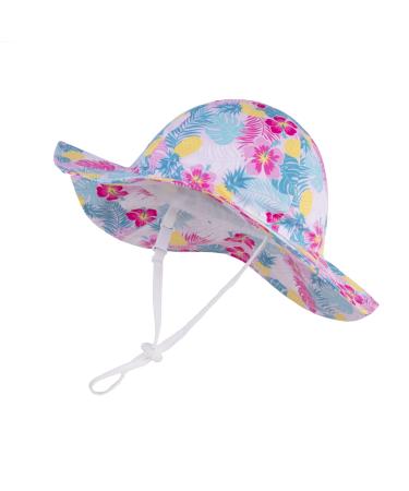 LANGZHEN Beach Sun Protection Hat for Baby Girls Adjustable Toddler Kids Hat Wide Brim Summer Play Hat with Chin Strap Tropical flowers-Design and color 6-12 Months