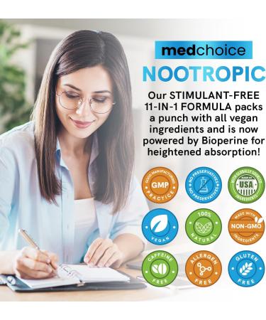 12-in-1 Nootropic Brain Supplement Anhydrous: Ginkgo Biloba for Brain Support, Memory and Focus - B12, Alpha GPC, L Theanine and Choline Supplements with Bioperine non Caffeinated 1321mg (180ct) 60 Count (Pack of 3) - Buy Online on GoSupps.com