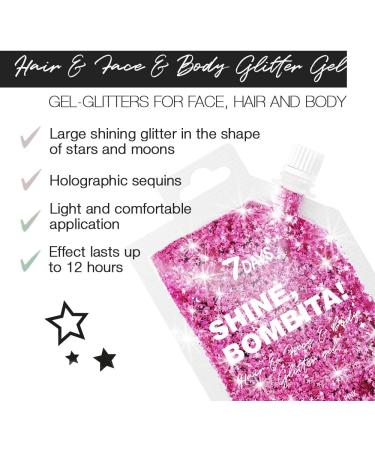 7DAYS Sparkling Shine Bombita Glitter Gel in Playful Pink - Face, Hair & Body | Chunky Sequins for Party, Rave, Festival & Halloween | Quick-Drying, No Glue Holographic Makeup - 90ml - Buy Online on GoSupps.com
