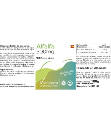 Alfalfa 500mg - 3-Month Supply | 180 Tablets | High-Dose Vegan Bioavailable Supplements from Germany | Vitamin Trend - Buy Online on GoSupps.com