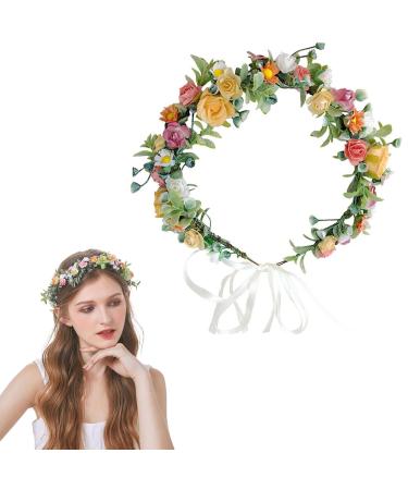 Floral Crown Headband Flower Hair Garland Headband Bridal Flower Hair Wreath Headpiece with Ribbon for Wedding Party Halloween Costume