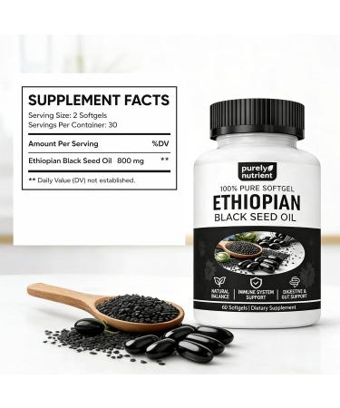 PURELYNUTRIENT Ethiopian Black Seed Oil Capsules 4.64% Thymoquinone Purely Nutrient Organic Cold Pressed Black Cumin Seed Oil Softgels Non-GMO Gluten-Free 60 Softgels - Buy Online on GoSupps.com