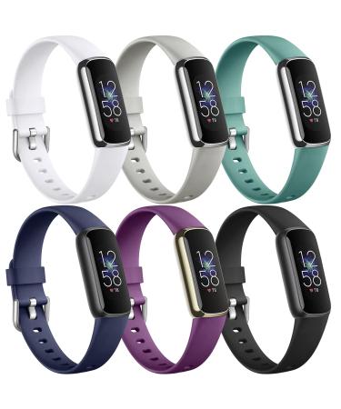 Maledan 6 Pack Bands Compatible with Fitbit Luxe Bands, Soft Silicone Replacement Wristband Compatible for Fitbit Luxe Band, Flexible Waterproof Sport Watch Strap for Women Men Small Black/Gray/White/Blue/Plum/Pine Green S…