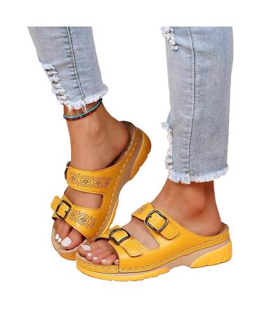 Cinvoma Women Leather Sandals with Arch Support Orthopedic Arch Support Sandals Orthopedic Sandals for Women Yellow 43