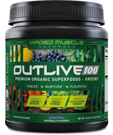 Kaged Muscle Outlive 100 Organic Superfoods and Greens Powder with Apple Cider Vinegar, Antioxidants, Adaptogen, Prebiotics,(Berry, 30 Servings) Berry 1.12 Pound (Pack of 1)