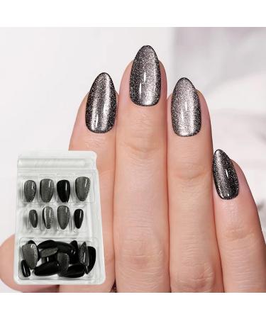 Black Cat Eye Press on Nails Fake Nails with Glue Acrylic Square Press on Nails Short Black Cat Eye False Nails Short Almond Press on Nails Black