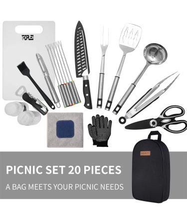 20-Piece Stainless Steel Camp Kitchen Cooking Utensil Set for Outdoor Grilling and BBQ - Portable Travel Cookware Organizer for Camping and RV - Black - Buy Online on GoSupps.com