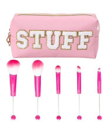 Beadable Makeup Brushes with Chenille Letter Stuff Bag Diy Makeup Pouch with Beaded Brushes Kit for DIY Beaded Eyeshadow Brush (1 Stuff Lavender Cosmetic Bag+5Pieces Beadable Makeup Brushes) pink stuff bag with brush