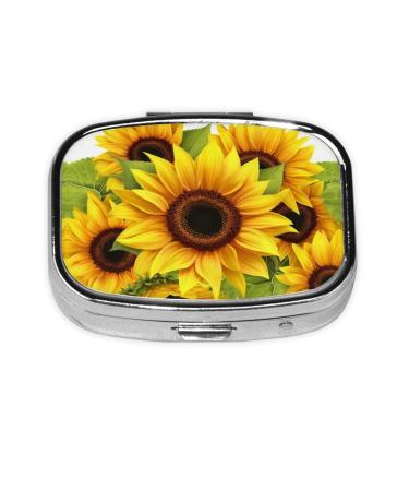 Sunflower Printing 2 Compartment Small Pill Case Cute Small Pill Box Purse Pill Boxs Travel Pill Organizer for Pocket Purse and Travel Gifts