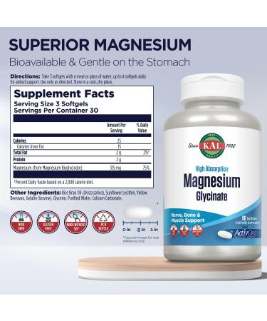 KAL Magnesium Glycinate ActivGels 315mg - High Absorption Supplement for Muscle, Nerve & Bone Health - Non-GMO, Gluten Free - 90 Softgels - Buy Online on GoSupps.com